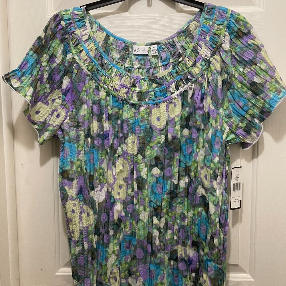 Kim Rogers Plus Size 3X Crinkle Floral Sequin Top – Bubble Blue Purple Green